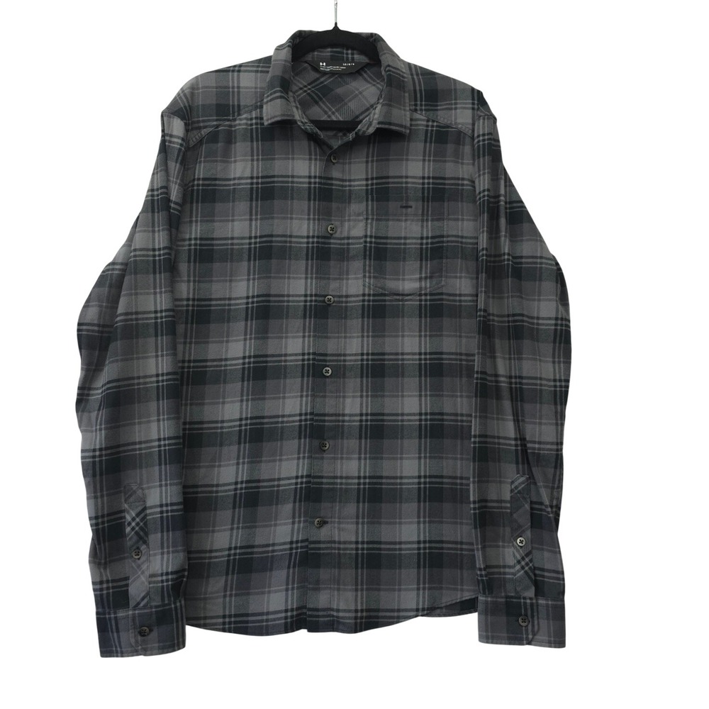 Under Armour Mens Large Grey Black Plaid Fitted Long Sleeve Button Down Shirt